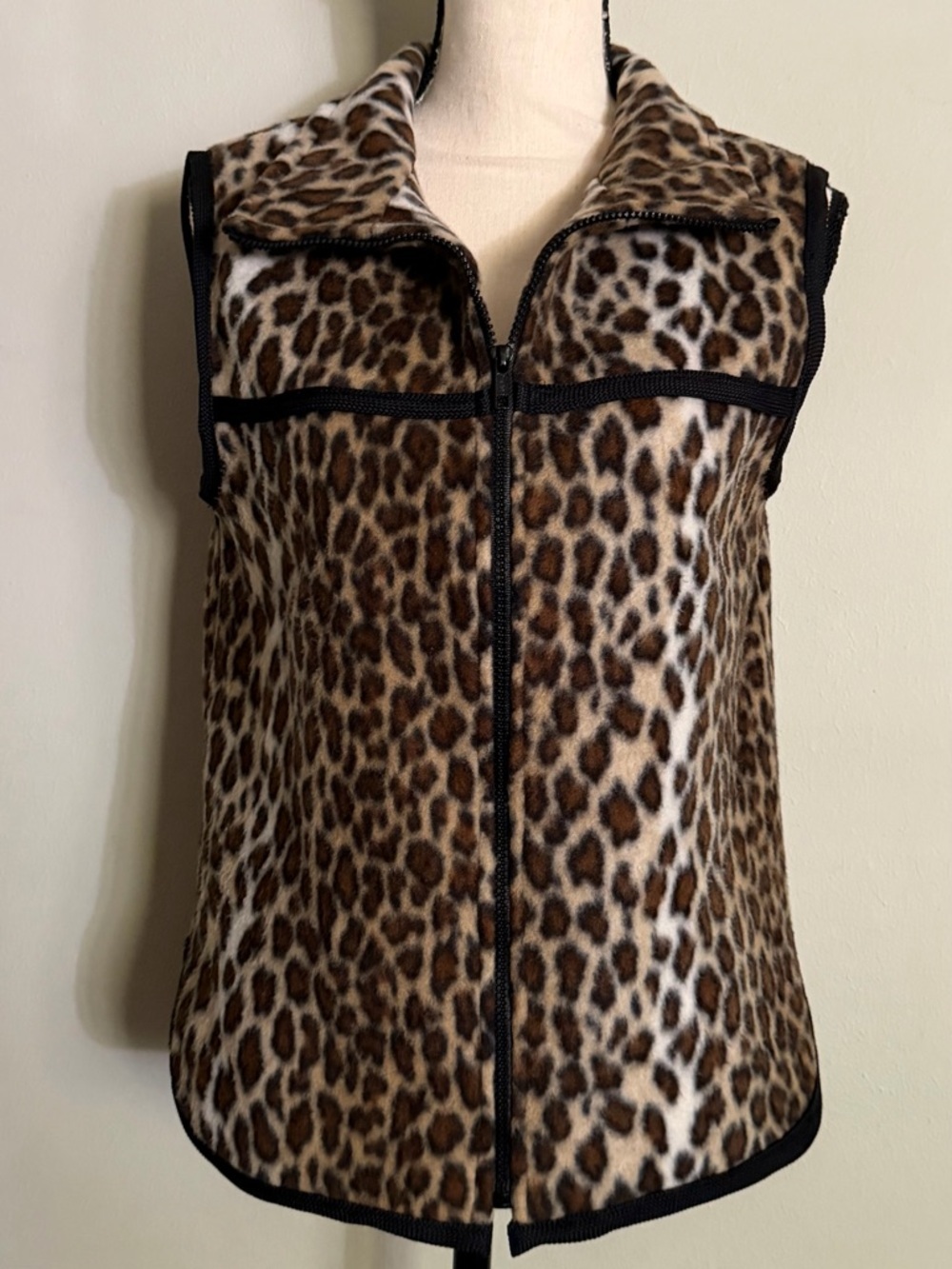Handmade Leopard Print Fleece Vest Zip Front Gilet | Size Small